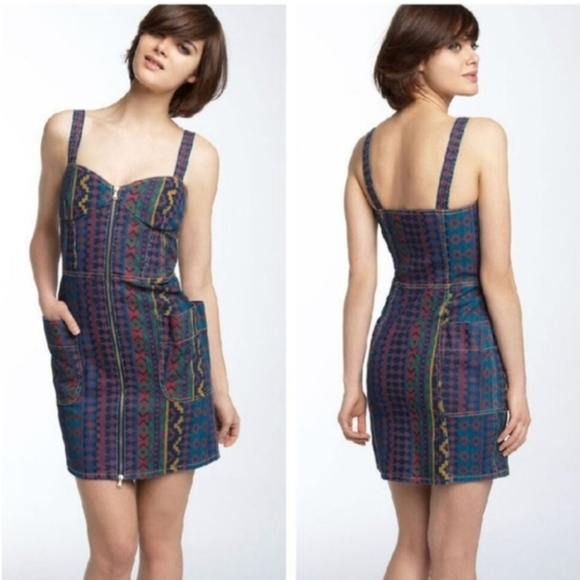 Marc By Marc Jacobs Overall Aztec Colorful Printed Denim Zip Up Mini Dress Sz 8 - Picture 2 of 16